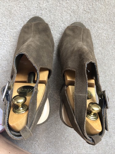 VTG Y2K NEW LOOK Olive Khaki Real Suede Peep Toes Sling back Heels Shoes 5 - Picture 9 of 15