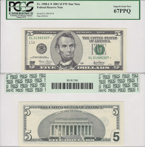 2001 $5 San Francisco District Star Federal Reserve Note FR 1988-L* PCGS 67PPQ
