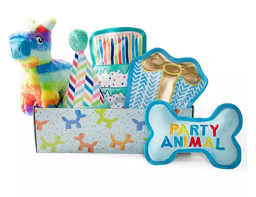 Party Animal Birthday Box Dog Toy Bundle, 5-Piece Set (Blue)