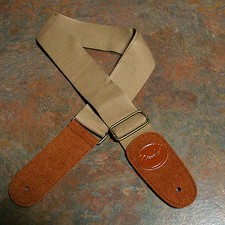 GUITAR STRAP, NEW, COTTON/LEATHER, LIGHT KHAKI/BROWN, WITH LOGO, FREE POSTAGE