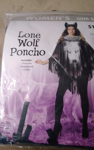 Adult Womens One Size Lone Wolf Poncho Halloween Costume W/ Headpiece NEW - Picture 2 of 3