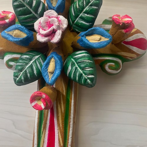Mexican Terra Cotta Clay Cross Roses Folk Art Brown Rustic - Picture 6 of 6
