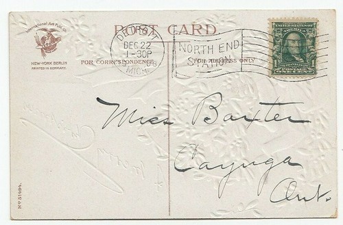Bell with white berry Mistletoe MERRY CHRISTMAS 1908 CLAPSADDLE signed Postcard - Picture 2 of 2