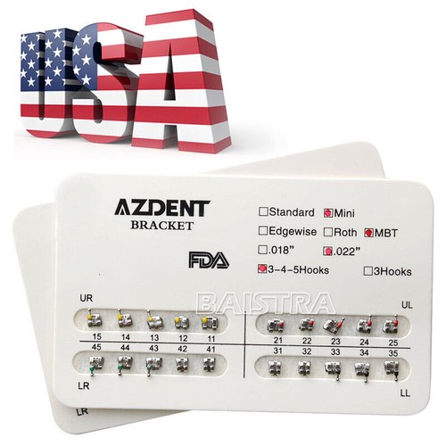 Brackets metálicos de ortodoncia dental AZDENT 100X mini gancho 022 MBT 345 - Imagen 4 de 13