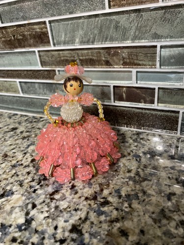 Vintage Safety Pin Beaded Handmade Southern Bell Doll Pretty in Pink wood head