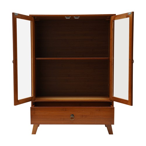 Brown Bamboo Buffet Sideboard Dinnerware Storage Cabinet Acrylic Glass w/ Drawer - Picture 8 of 14