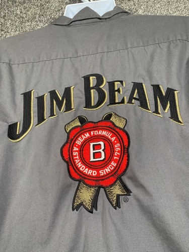 Jim Bean Mens Large Grey Mechanic Button Up Short Sleeve Embroidered Shirt - Picture 3 of 15