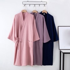 Lady Cotton Yukata Pajamas Robe Gown Kimono Bathrobe Sleepwear Sash Plain Pocket
