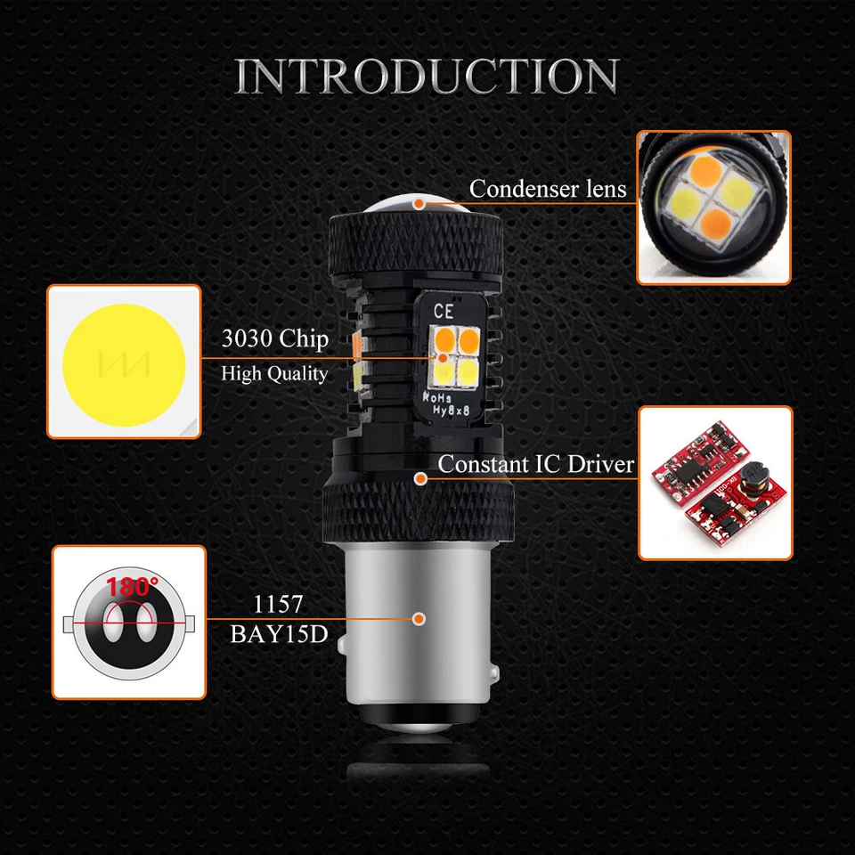 2Pcs White Amber Switchback 1157 BAY15D 16SMD 3030 LED Brake Reverse Light - Image 4 of 4