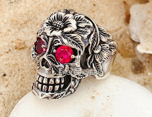 Biker Retro Skull Red Eyes Solid 925 Sterling Silver Men's Woman's Ring - Picture 1 of 8