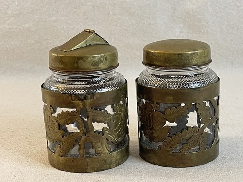 Taxco Mexico Brass Overlay Cut Out Sleeve Clear Glass Sugar/Cocoa Jars (2) - Picture 2 of 12
