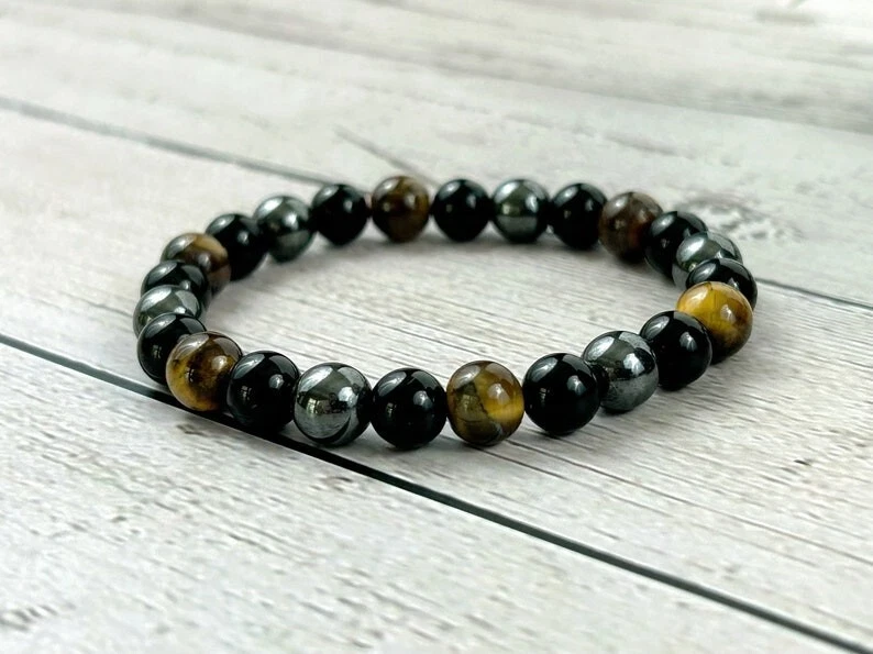 Tigerauge & Hämatit & Turmalin glatte runde Edelstein Perlen Armbänder 6-8 Zoll - Bild 4 von 4