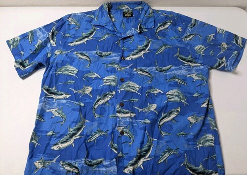 Benny's Hawaiian Shirt Men's 2XL Blue Button Up Shark Pattern Short Sleeve - Picture 1 of 5