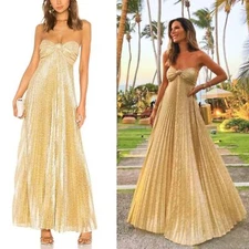 Alexis Joya Gold Lamé Strapless Pleated Maxi Dress Knot Bust A-Line Gown Size XS
