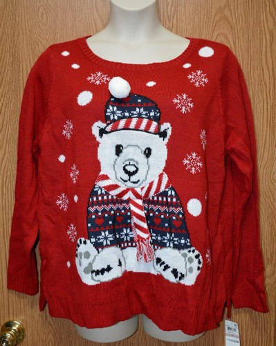 Womens Pretty Red Wintery Bear Karen Scott Sweater Size 1X NEW NWT