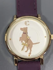 Charming Charlie Puppy Dog Dial Round Gold Tone Case Purple Band Watch