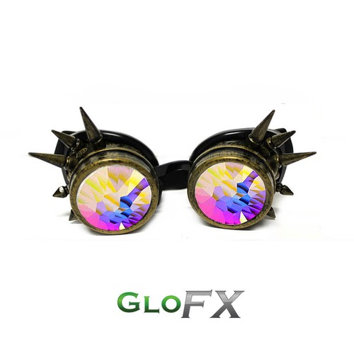 GloFX Brass Spike Rave Padded Kaleidoscope Goggles Burning Desert EDM Steampunk - Picture 1 of 12