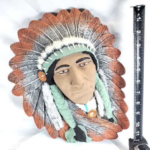 Intonaco in gesso vintage dipinto a mano capo nativi americani da appendere a parete arte popolare - Foto 4 di 6