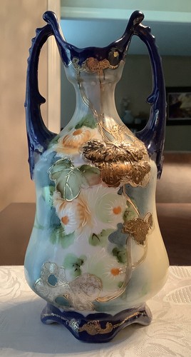 Jarrón floral adornado en oro pintado a mano sin marca jarrón de doble mango de nipón - Imagen 1 de 9