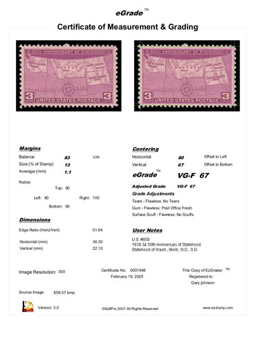 US Stamp #858 - 1939 3¢ 50th Anniversary of Statehood, EzGrade™ VG/F, MNH, OG - Bild 3 von 3