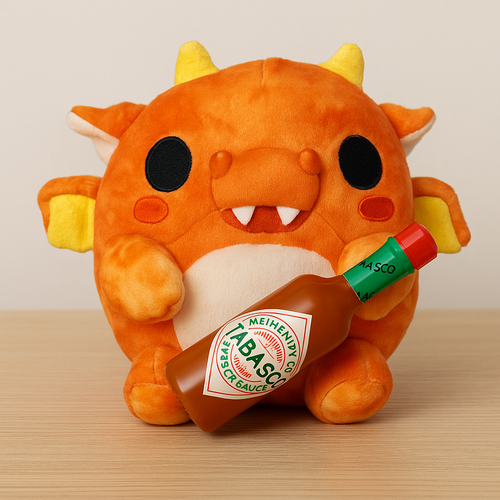 Zuru Naranja Dragón Juguete Suave Sosteniendo Botella Tabasco - 5" Linda Novedad Coleccionable