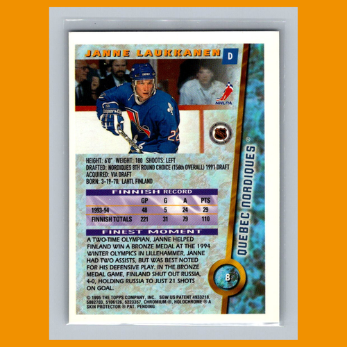 Tarjeta de hockey Janne Laukkanen #8 1994 Topps Finest Quebec Nordiques NHL CASI NUEVA - Imagen 2 de 3