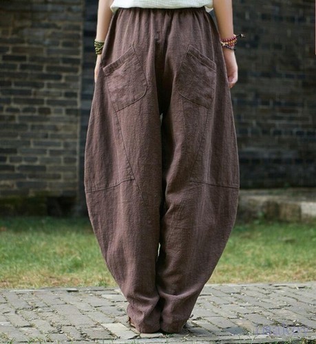 Pantalones largos informales de lino estilo chino para mujer Bloomers pierna ancha talla grande vintage - Imagen 6 de 20