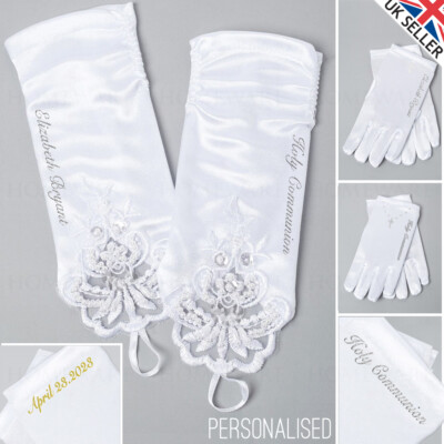 PERSONALISIERTE HANDSCHUHE ERSTKOMMUNION BLUMENMÄDCHEN FESTZUG HOCHZEIT WEISS SATIN