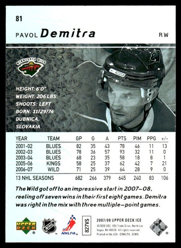 Tarjeta de hockey salvaje 2007-08 Upper Deck Ice #81 Pavol Demitra Minnesota - Imagen 2 de 2