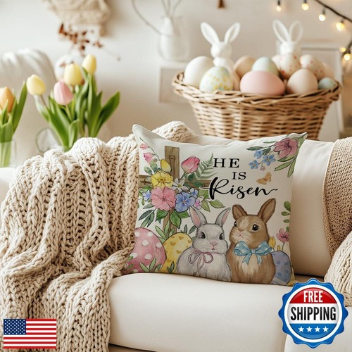 AACORS Easter Pillow Cover 18x18 Inch Cross Bunny Eggs Floral Decorative Pill - Picture 3 of 5