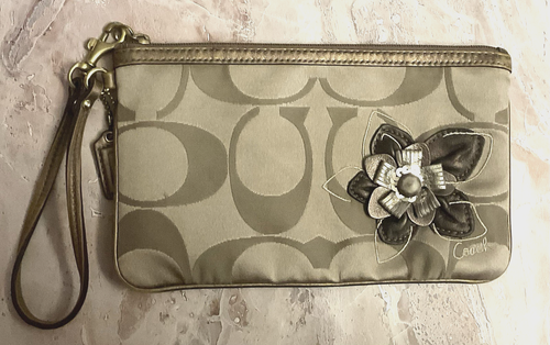 Coach Signature Logo Flower Embellishment Satin Khaki Wristlet