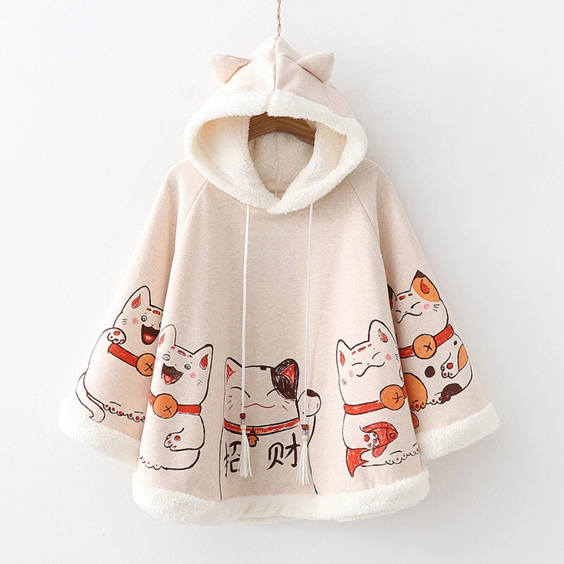 Ladies Girls Cloak Coat Fleece Hooded Cape Jacket Cute Poncho Fortune Lucky Cat - Image 3 of 4