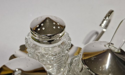 Vintage retro Queen Anne silver plate & glass condiment cruet set BOXED UNUSED - Picture 8 of 23