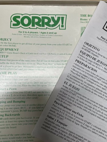 Sorry Board Game Parker Brothers Classic Complete 1992 Vintage - Picture 8 of 10