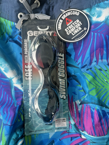 Gerry Board Shorts Swim Trunks M- 10/12 Boys Blue Sharks & Swim Googles UPF 50+ - Picture 5 of 6