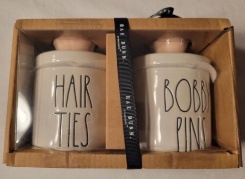 Rae Dunn Magenta HAIR TIES BOBBY PINS Ceramic Set Off-White w Pink Flower Knob