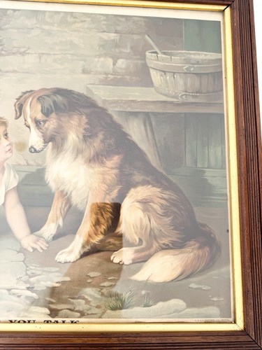 Impresión antigua grande enmarcada Can’t You Talk, imagen victoriana de niño con perro - Imagen 5 de 7