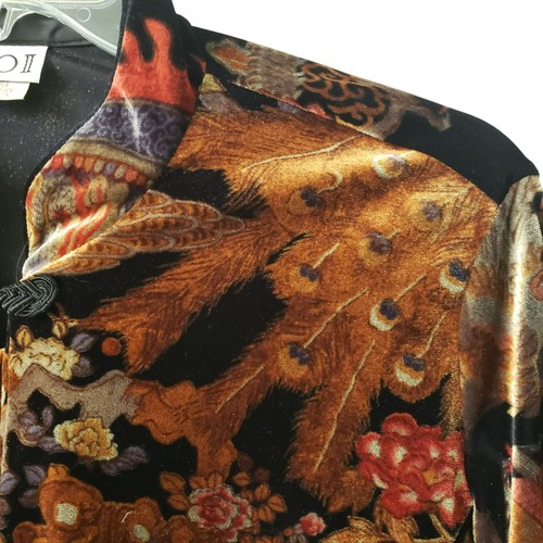 Vintage Clio 90s Style Velvet Asian Mandarin Collar Jacket Artsy Bird Peacock 2X - Bild 8 von 13