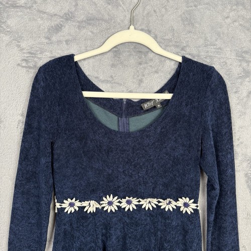 Vtg Betsey Johnson Dress Velvet Blue Daisy Long Sleeve Medium Retro 80s Ditzy - Picture 2 of 6