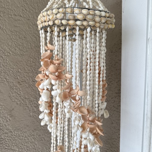 Vintage Cowrie Beach Sea Shell Chandelier Large Hanging Wind Chime MCM Boho 38” - Picture 3 of 7