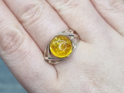 Polish Poland PZ Solid Sterling Silver Solitaire Ring Round Cabochon Amber - O