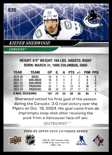 2024-25 Upper Deck Outburst Kiefer Sherwood Vancouver Canucks #635 - Bild 2 von 3