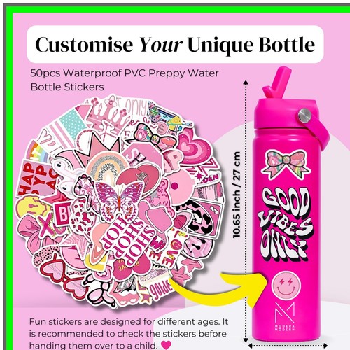 Trendy Pink Water Bottle with Customizable Stickers for Teens - Bild 4 von 6