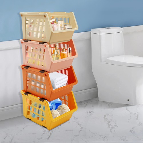 4 Stück Rechteckig Stapel Aufbewahrungskörbe Bodenstehend Stapelbar Aufbewahrungsbehälter - Bild 9 von 16