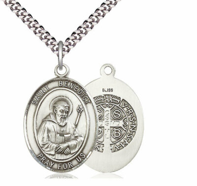 St. Benedikt Medaille in feinem Zinn 1'' hoch, 24'' Rhodium Platte Verschluss Kette