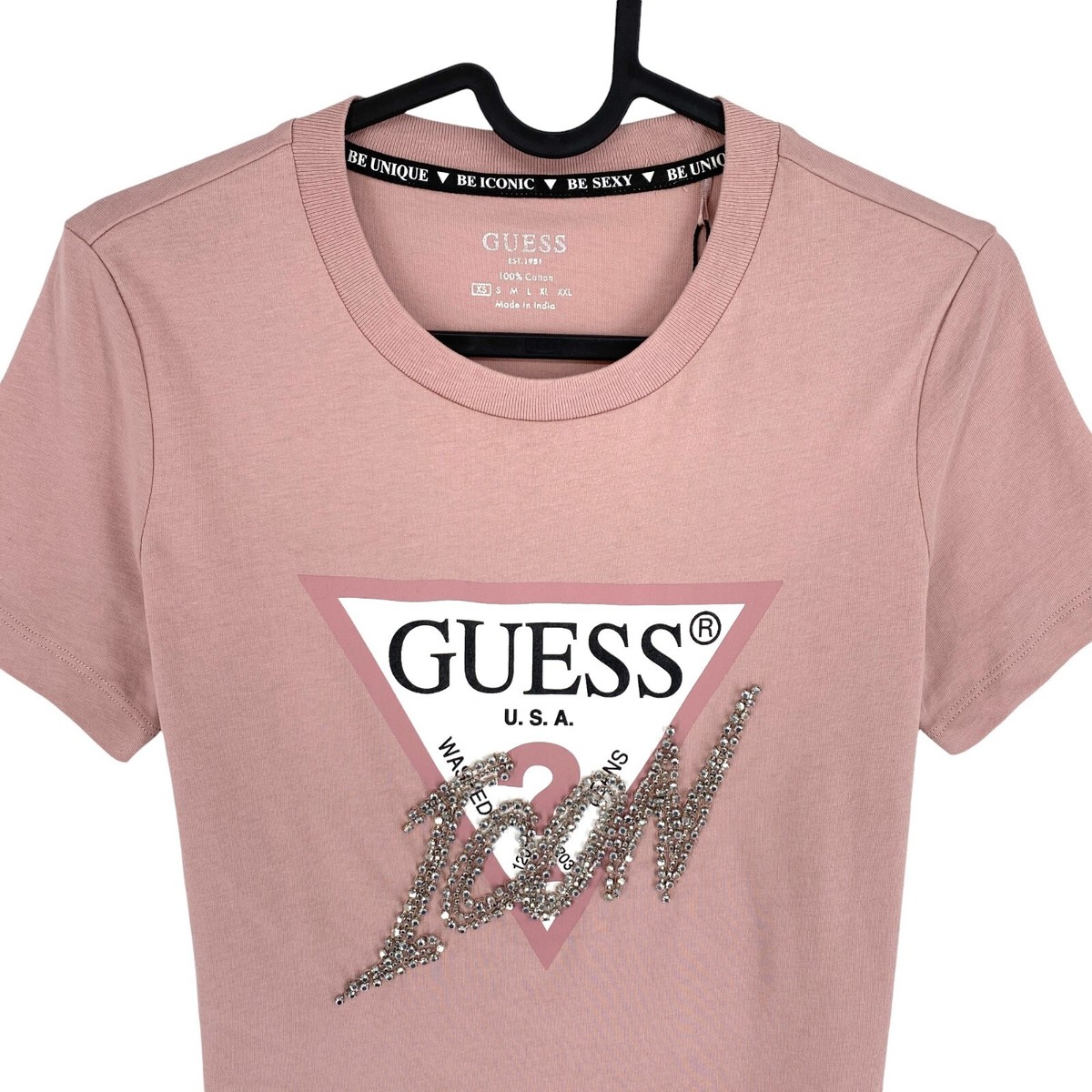売れ筋商品|||ゲス Tシャツ トップス レディース Women's Embellished Logo T-Shirt Pink Roses Y2K Red GUESS Rhinestone Logo Tee Embellished Shirt Womens