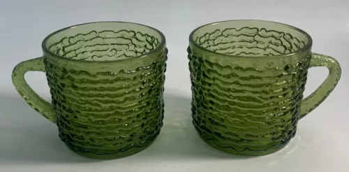 (2) Vtg Anchor Hocking Soreno Avocado Green Glass Coffee Mug / Tea Cup, 6 oz