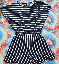 BOHO Women white blue striped Romper Size Medium