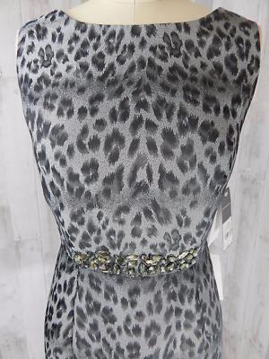 NWT Gray Leopard Cocktail Dress Rhinestones Sheath Donna Ricco Size 4P $138
