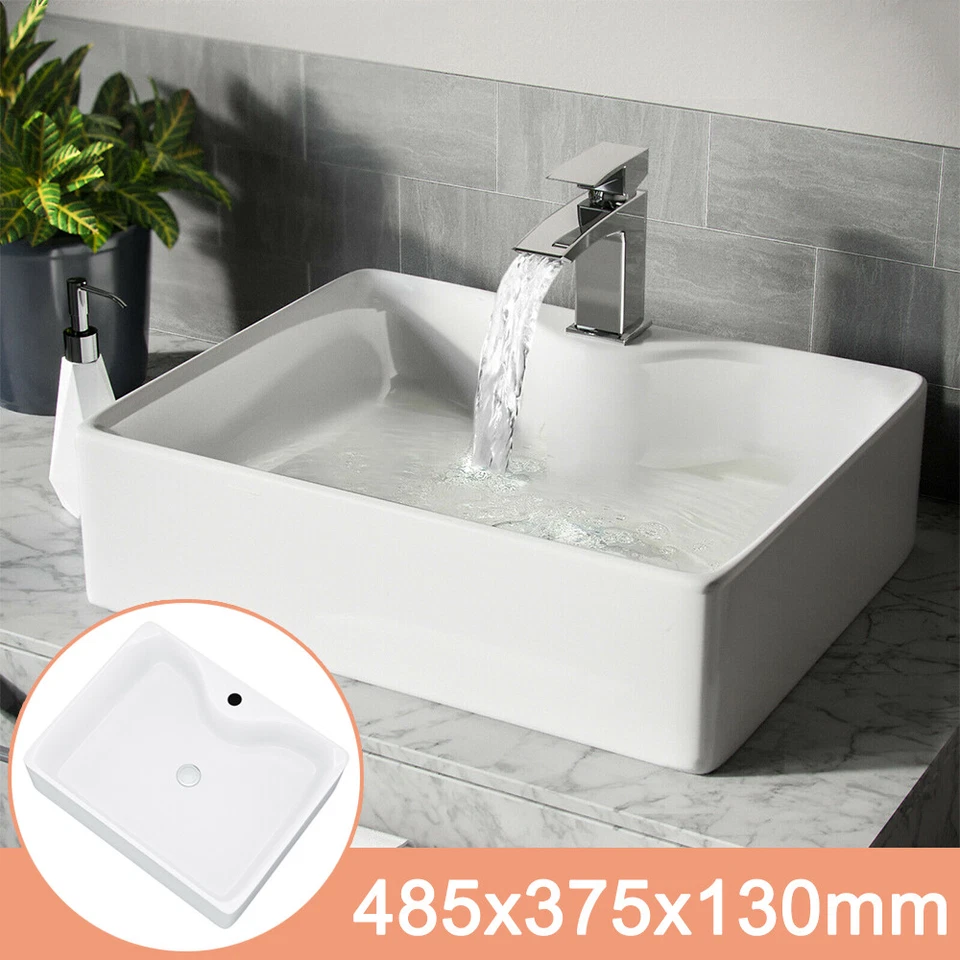 NESHOME Cloakroom Bathroom Wash Basin Sink Ceramic Counter Top White Rectangle 485x375mm
